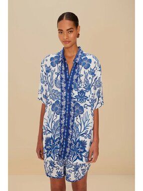 NWOT Farm Rio Blue and white Floral Button-Down Shirt Blouse Size XS